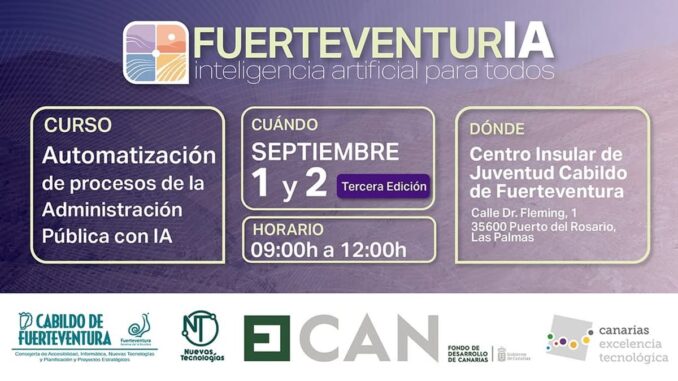 Cartel promocional del curso 'Fuerteventura: inteligencia artificial para todos' con información sobre automatización de procesos en administración pública