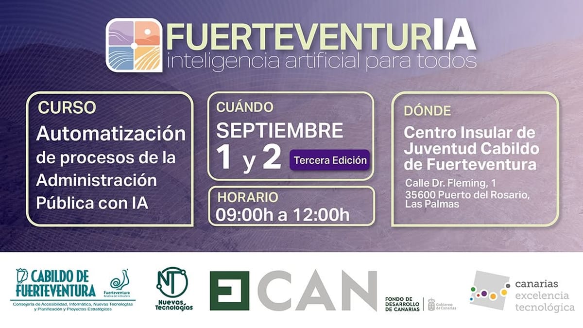 Cartel promocional del curso 'Fuerteventura: inteligencia artificial para todos' con información sobre automatización de procesos en administración pública