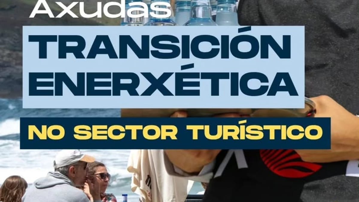 Cartel informativo de la Xunta de Galicia sobre ayudas para la transición energética en el sector turístico dentro del programa Xacobeo 2027