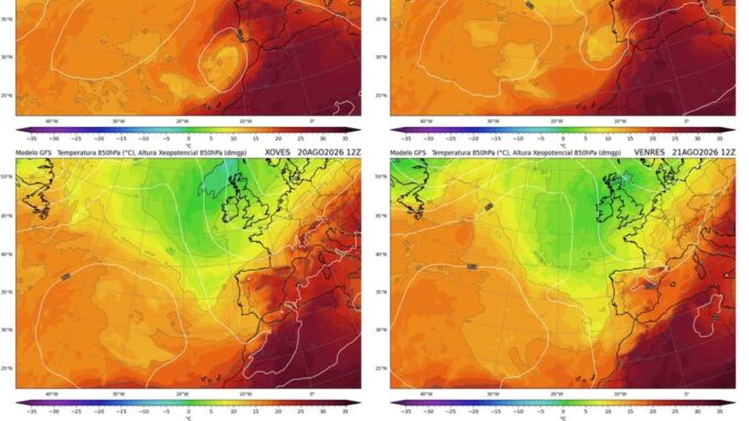 Galicia comienza a despedirse del aire cálido esta semana Mapas del modelo GFS de evolución de la temperatura a 850 hPa sobre Galicia entre el 18 y 21 de agosto de 2026