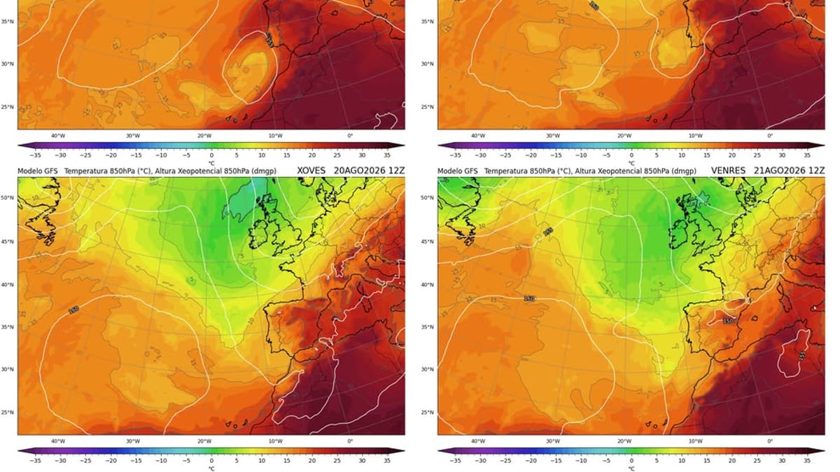 Mapas del modelo GFS de evolución de la temperatura a 850 hPa sobre Galicia entre el 18 y 21 de agosto de 2026