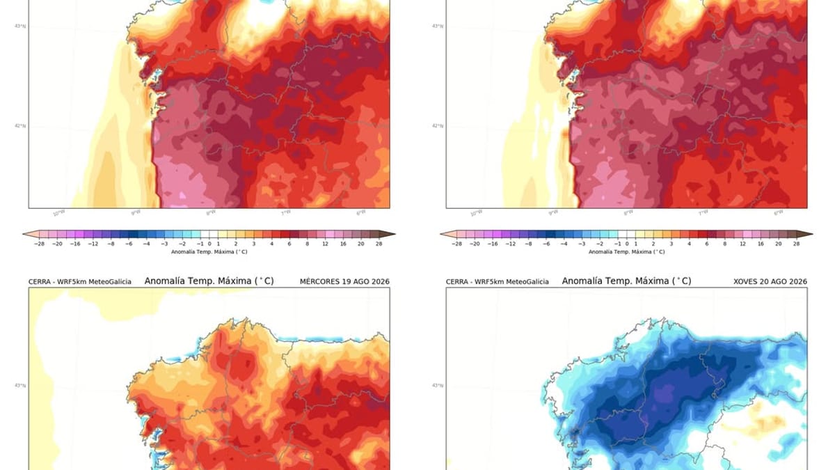 Mapas de anomalías de temperaturas máximas del modelo CERRA-WRF5km de MeteoGalicia para lunes 17, martes 18, miércoles 19 y jueves 20 de agosto de 2026