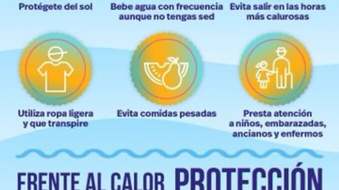 Logroño activa una red de refugios climáticos ante olas de calor Cartel informativo del Ayuntamiento de Logroño sobre protección ante el calor intenso, mostrando recomendaciones para evitar golpes de calor