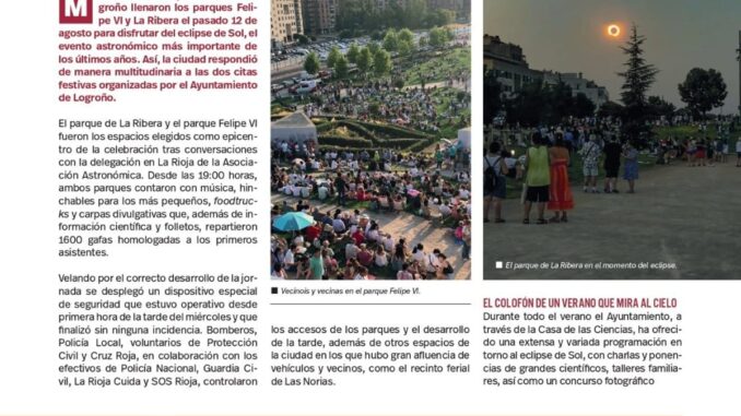 Miles de logroñeses viven el eclipse de Sol en los parques Felipe VI y La Ribera Miles de vecinos de Logroño en los parques Felipe VI y La Ribera durante la celebración del eclipse de Sol del 12 de agosto