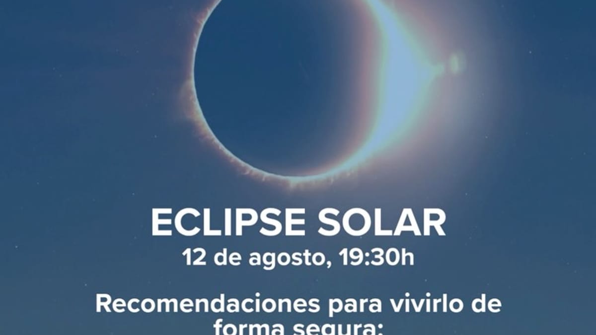 Cartel informativo del eclipse solar del 12 de agosto a las 19:30 horas con recomendaciones de seguridad del Ayuntamiento de Murcia