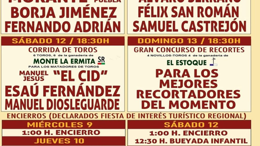 Cartel de los festejos taurinos de Navalcarnero septiembre 2026 con información de corridas, novillada, encierros y precios de entradas