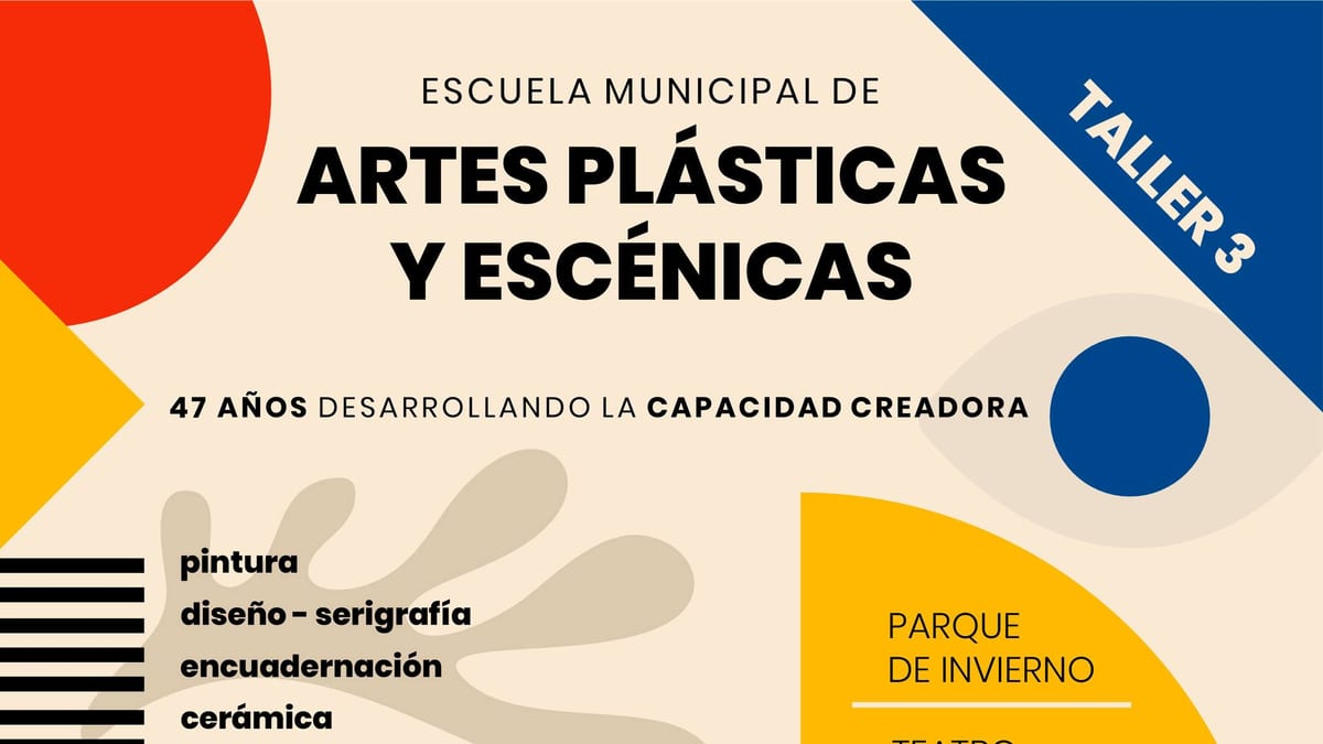 Cartel del Taller 3 de la Escuela Municipal de Artes Plásticas y Escénicas de Oviedo con información de disciplinas artísticas