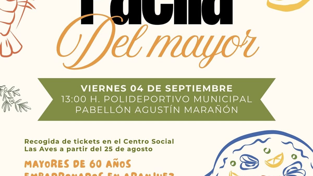 Cartel de la Paella del Mayor de Aranjuez 2026, que anuncia el evento para el 4 de septiembre a las 13:00 horas en el Pabellón Agustín Marañón