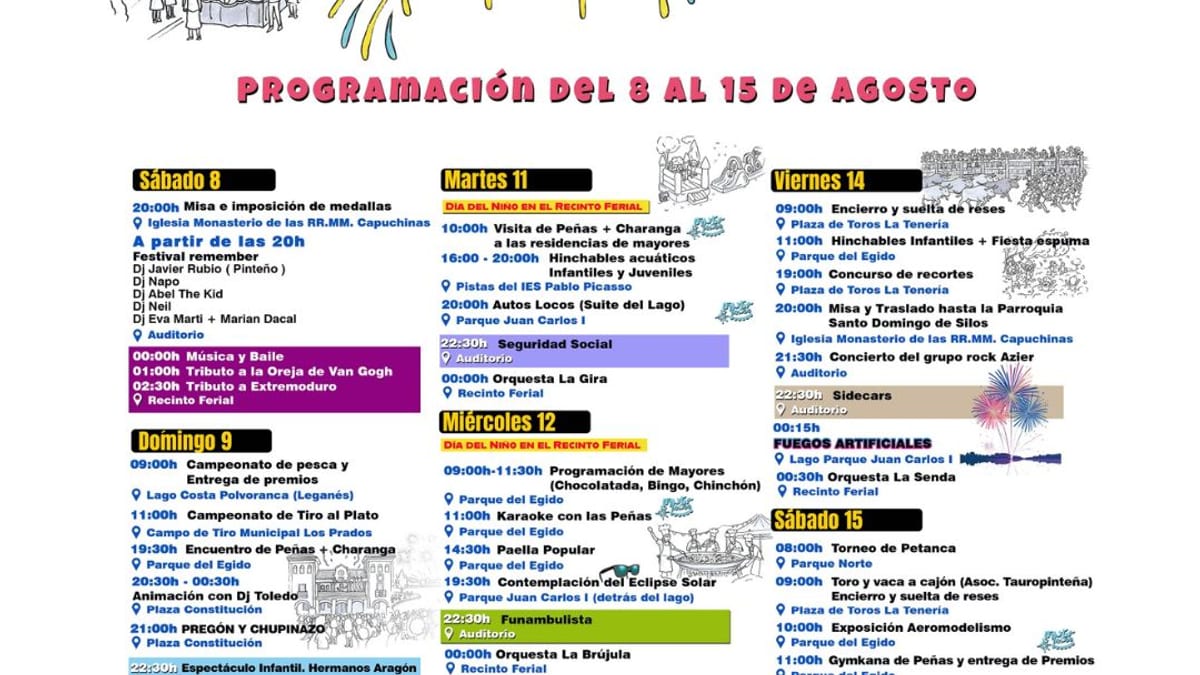 Cartel de las Fiestas Patronales de Pinto 2026 con la programación oficial del 8 al 15 de agosto