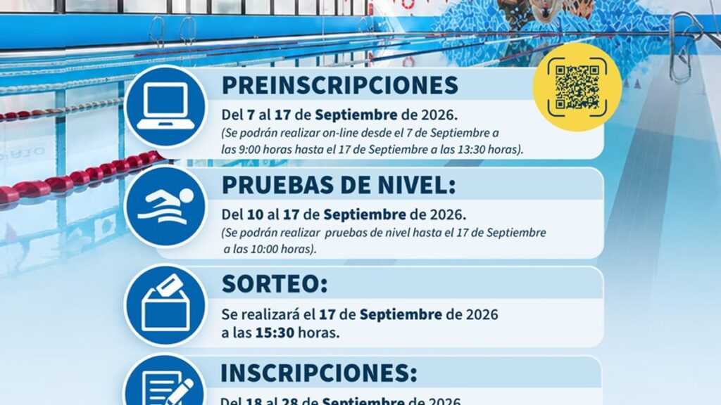 Cartel informativo de cursos de natación de la piscina municipal de Pinto 2026