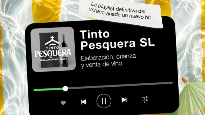 Tinto Pesquera SL, reconocida como Best Seller de verano por ICEX Cartel promocional de Tinto Pesquera SL como Best Seller de ICEX del verano, con logotipo de ICEX y datos de la bodega