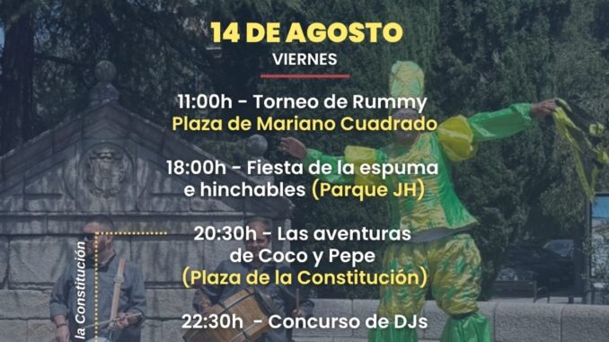 Cartel del programa de actividades de las Fiestas de Torrelodones del 14 de agosto con horarios e información de eventos