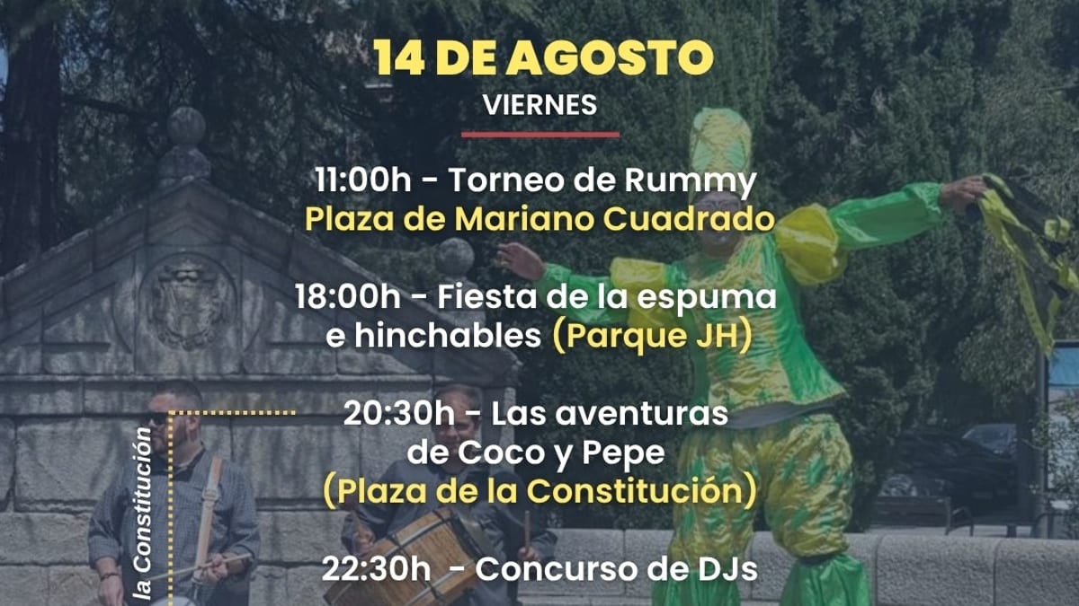 Cartel del programa de actividades de las Fiestas de Torrelodones del 14 de agosto con horarios e información de eventos