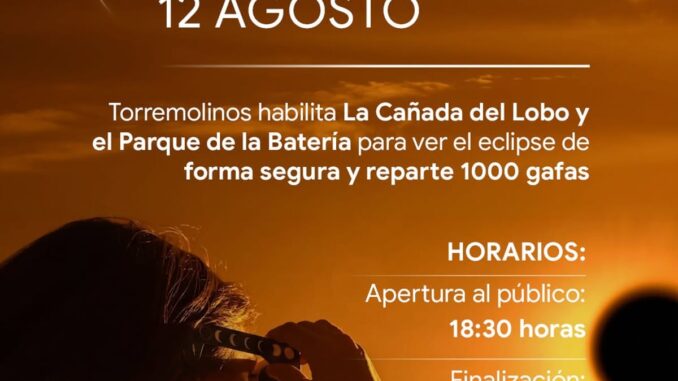 Habilita dos espacios para observar el eclipse del 12 de agosto en Torremolinos Cartel promocional del eclipse solar de Torremolinos del 12 de agosto con horarios 18:30 a 21:30 horas
