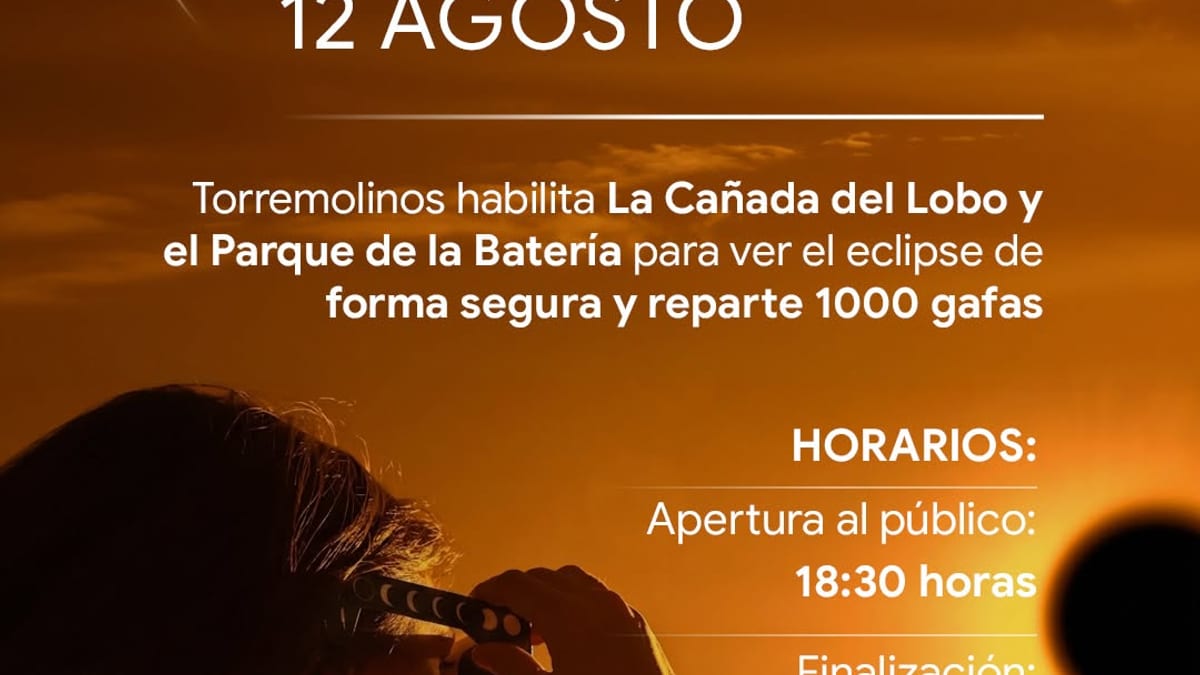 Cartel promocional del eclipse solar de Torremolinos del 12 de agosto con horarios 18:30 a 21:30 horas