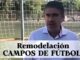 Cartel de remodelación de los campos de fútbol de Valdemoro con imagen de las instalaciones a renovar
