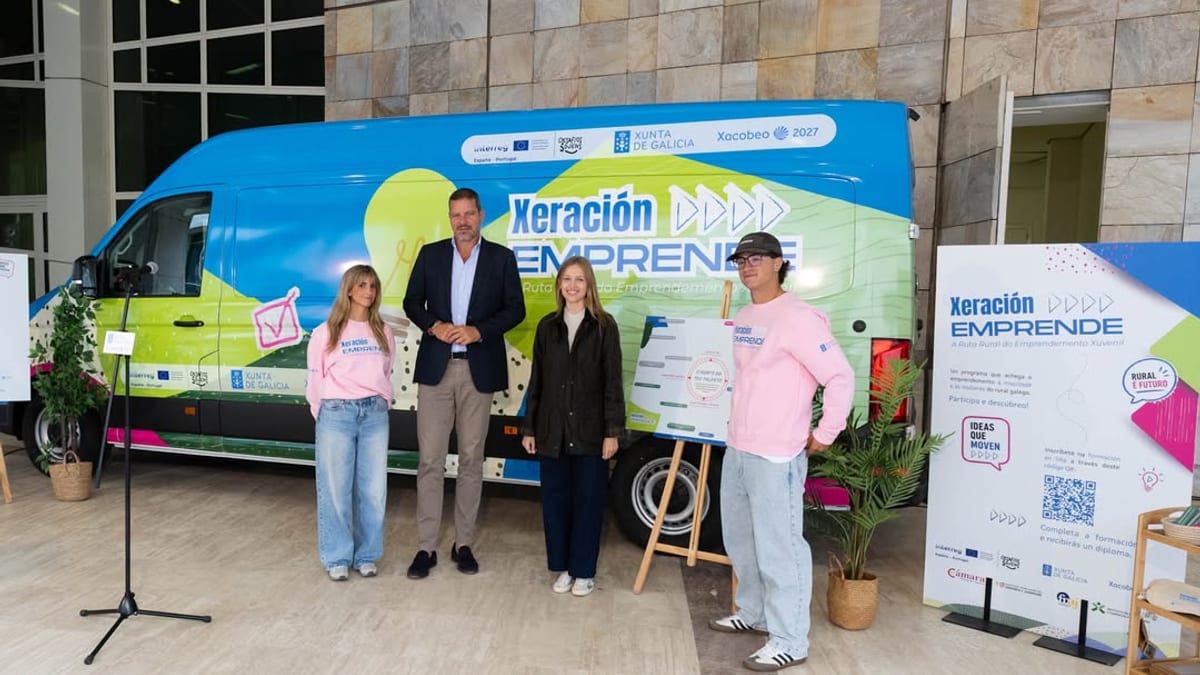 Vehículo oficina itinerante azul y verde de Xeración Emprende de la Xunta de Galicia con cartel promocional sobre ruta de emprendimiento juvenil