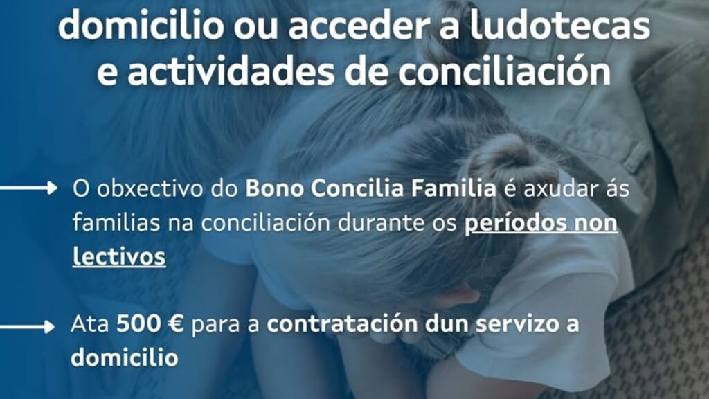Cartel informativo del Bono Concilia Familia de la Xunta de Galicia con detalles sobre cuantías y períodos de solicitud