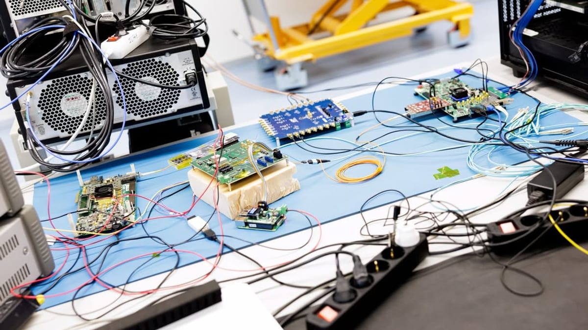 Laboratorio de electrónica con circuitos, placas base y equipos de prueba