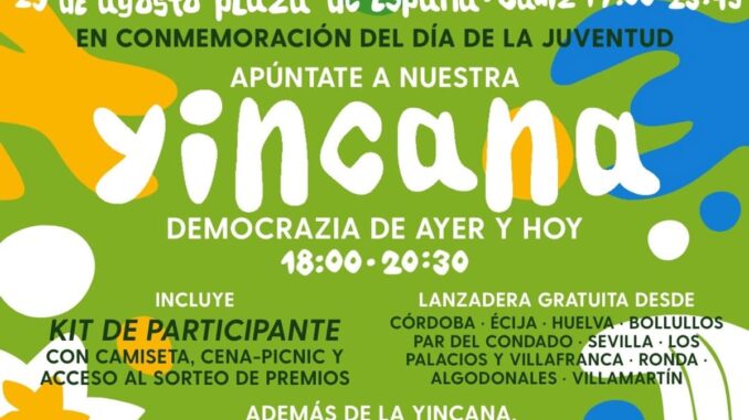 Cartel promocional de El Encuentro Andalucía con información sobre la yincana Democrazia de ayer y hoy, el 29 de agosto en la Plaza de España de Cádiz