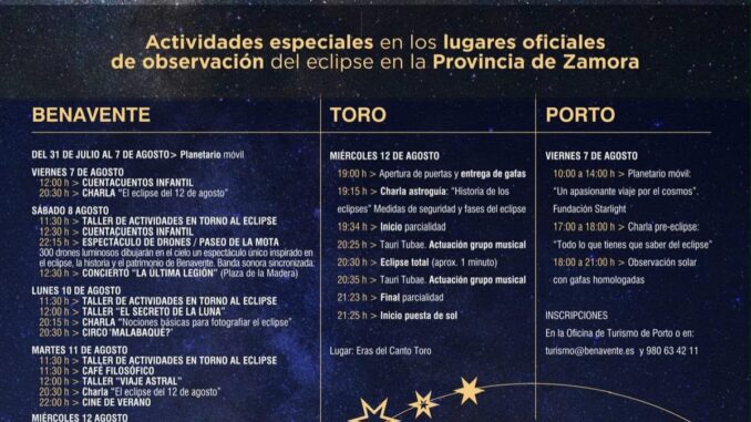 Acogerá un eclipse solar total el 12 de agosto con actividades especiales en ... Cartel del eclipse solar 2026 de la Diputación Provincial de Zamora con información sobre actividades en Benavente, Toro y Porto