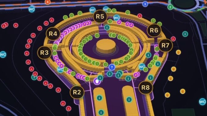 Plano del recinto ferial de Albacete con señalización de atracciones, zonas gastronómicas, baños y transporte