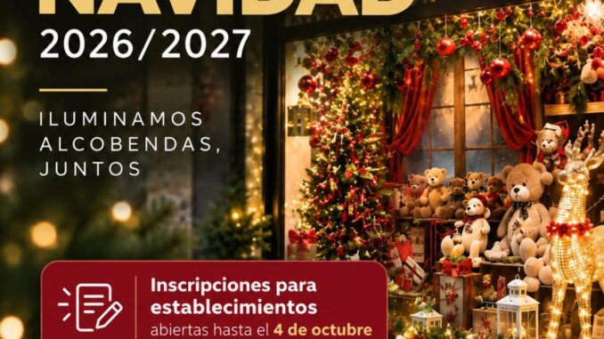 Cartel de la Campaña de Navidad 2026/2027 de Alcobendas con texto 'Iluminamos Alcobendas, Juntos' e información de inscripciones