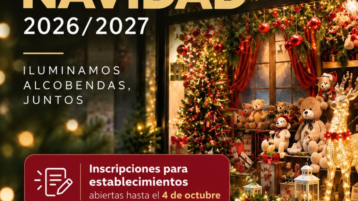 Cartel de la Campaña de Navidad 2026/2027 de Alcobendas con texto 'Iluminamos Alcobendas, Juntos' e información de inscripciones