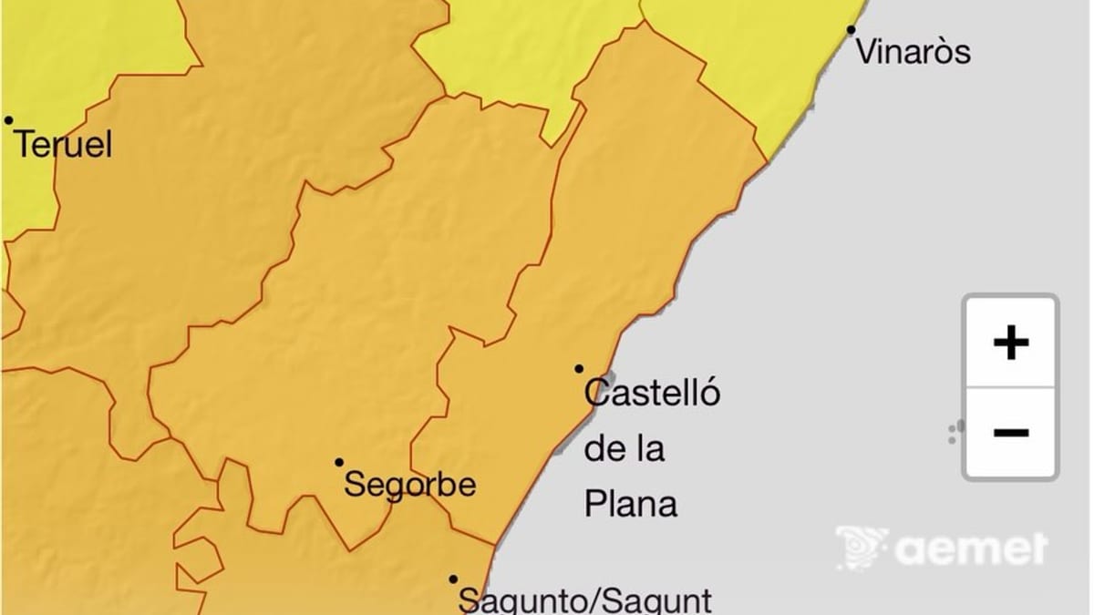 Mapa de alertas meteorológicas de la provincia de Castellón con zonas marcadas por lluvias y tormentas