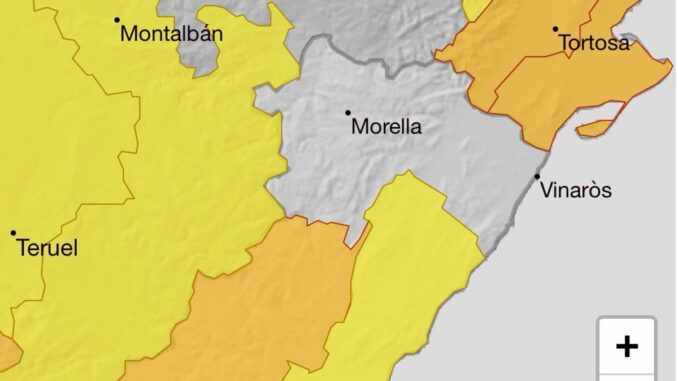 Mapa de la provincia de Castellón con zonas de alerta por lluvia y tormentas. Municipios destacados: Montalbán, Tortosa, Morella, Teruel, Vinaròs, Castellón de la Plana y Segorbe.