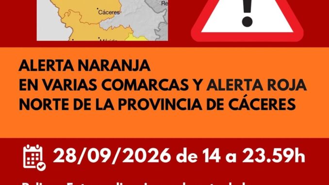 Alerta Roja en la cuenca del Alagón y naranja en varias comarcas de Cáceres Cartel de alerta meteorológica de la Diputación de Cáceres indicando Alerta Roja en el norte de la provincia y Alerta Naranja en varias comarcas por lluvia, tormentas y granizo el 28 de septiembre de 2026