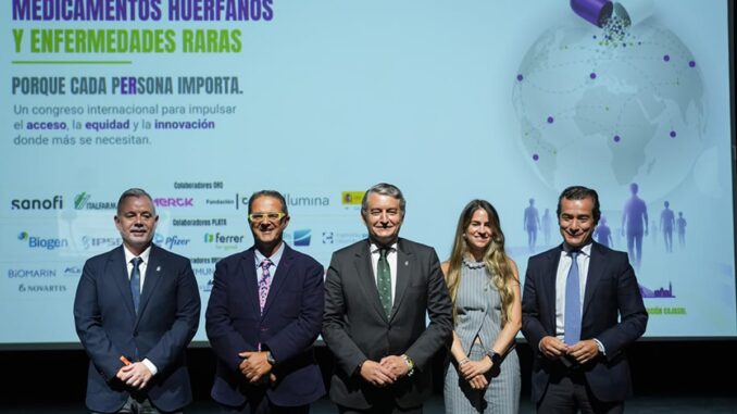 Cartel del Congreso Internacional de Medicamentos Huérfanos y Enfermedades Raras con logos de colaboradores