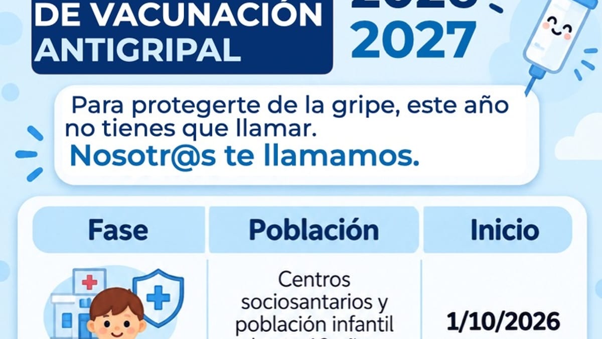 Cartel de la campaña de vacunación antigripal 2026-2027 del Principado de Asturias con información sobre las fases de vacunación y el sistema de llamadas automáticas Noah