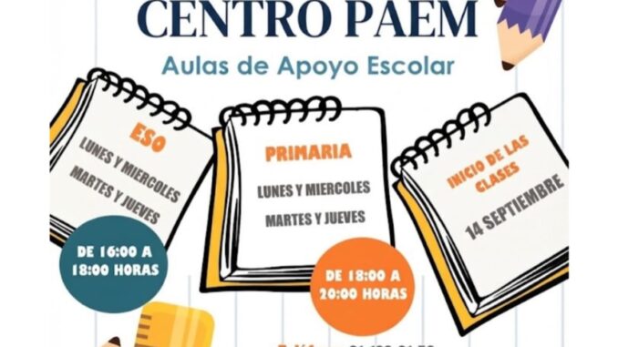 Abren inscripción para las Aulas de Apoyo Escolar en Colmenar Viejo Cartel informativo de las Aulas de Apoyo Escolar del PAEM en Colmenar Viejo con horarios y datos de inscripción