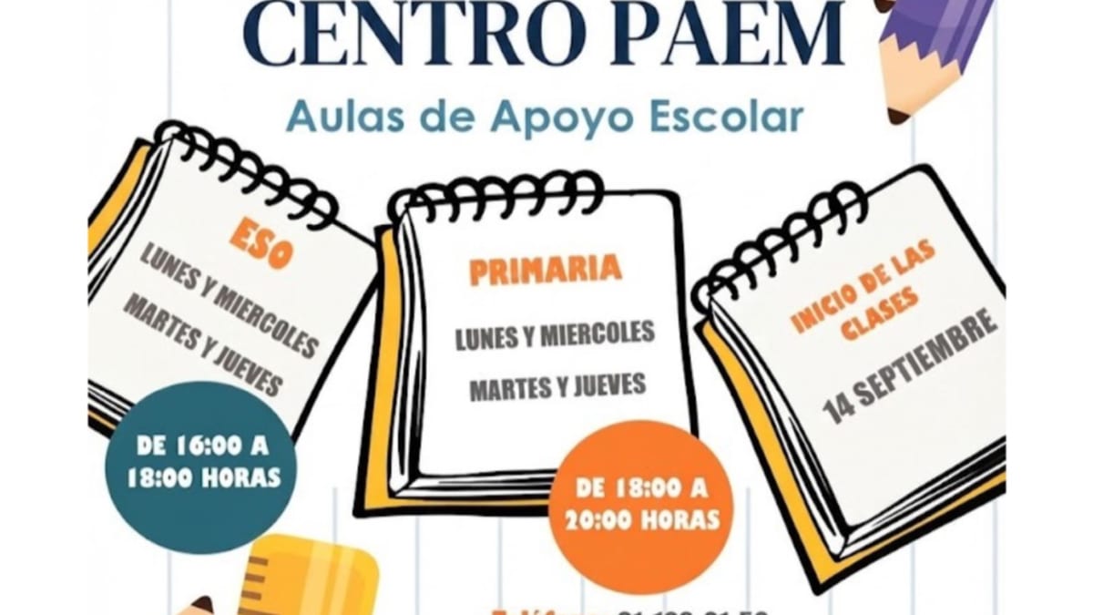 Cartel informativo de las Aulas de Apoyo Escolar del PAEM en Colmenar Viejo con horarios y datos de inscripción