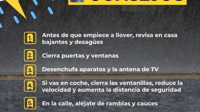 Región de Murcia activa aviso naranja por lluvias y tormentas Cartel informativo del 112 Región de Murcia con consejos de seguridad ante lluvias y tormentas: revisar desagües, cerrar puertas, desenchufar aparatos, reducir velocidad en coche, alejarse de ramblas y no cruzar zonas encharcadas