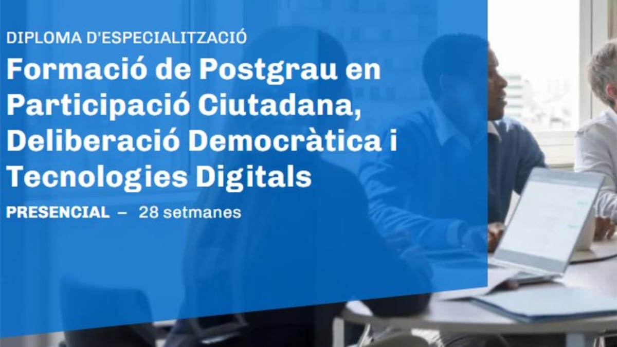 Cartel promocional de las becas para el posgrado en Participación Ciudadana, Deliberación Democrática y Tecnologías Digitales de IL3-UB