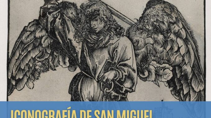 Cartel promocional de la BNE sobre la iconografía de San Miguel Arcángel con representaciones artísticas del arcángel guerrero