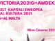 Cartel de felicitación de Cáceres 2031 a Victoria 2031 Għawdex por su designación como Capital Europea de la Cultura 2031
