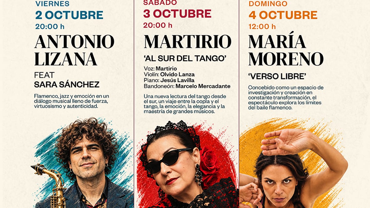 Cartel promocional del ciclo Umbral con las actuaciones de Antonio Lizana, Martirio y María Moreno en los Depósitos de Cádiz