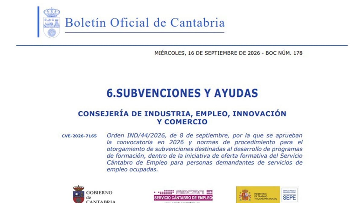 Boletín Oficial de Cantabria con la orden de subvenciones para programas de formación en digitalización