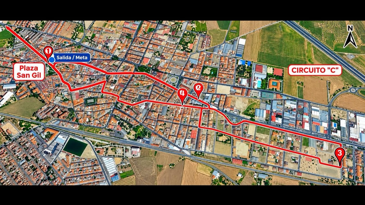 Cartel de la XVIII Carrera Popular Villa de Torrijos con el circuito marcado, salida y meta en Plaza San Gil