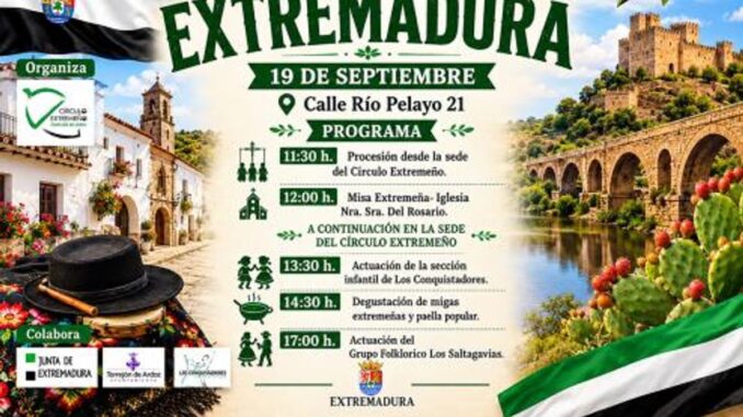 El Círculo Extremeño celebra el Día de Extremadura con procesión, misa y actuaciones folclóricas Cartel del Día de Extremadura del 19 de septiembre con el programa de actividades del Círculo Extremeño de Torrejón de Ardoz