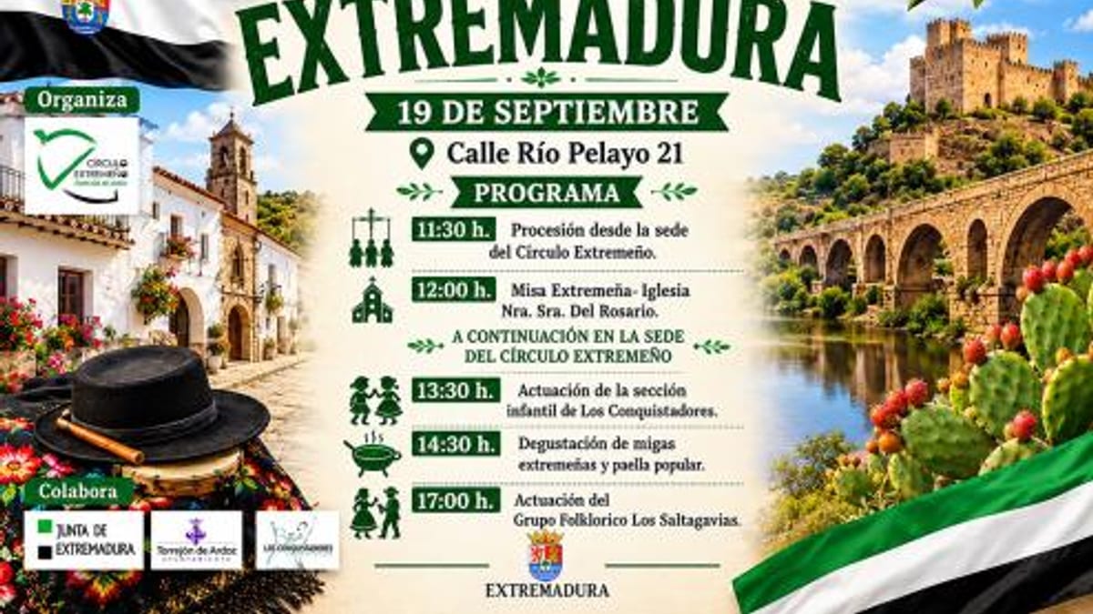 Cartel del Día de Extremadura del 19 de septiembre con el programa de actividades del Círculo Extremeño de Torrejón de Ardoz