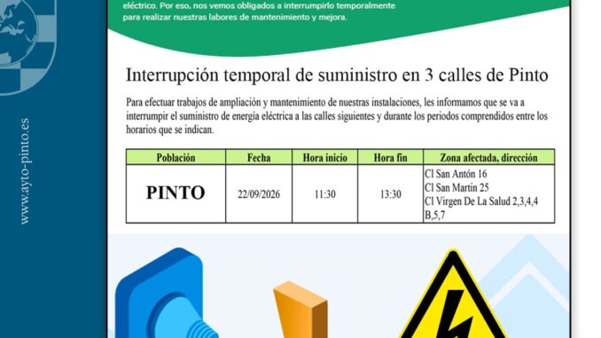 Corte de suministro eléctrico en tres calles de Pinto el 22 de septiembre Cartel informativo del Ayuntamiento de Pinto sobre interrupción temporal de suministro eléctrico en calles del municipio
