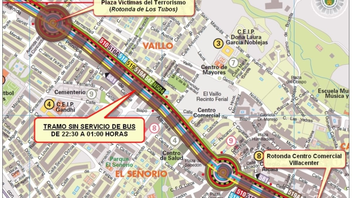 Mapa del tramo sin servicio de autobús en Villaviciosa de Odón por fuegos artificiales, entre la Plaza Víctimas del Terrorismo y rotonda Centro Comercial Villacenter