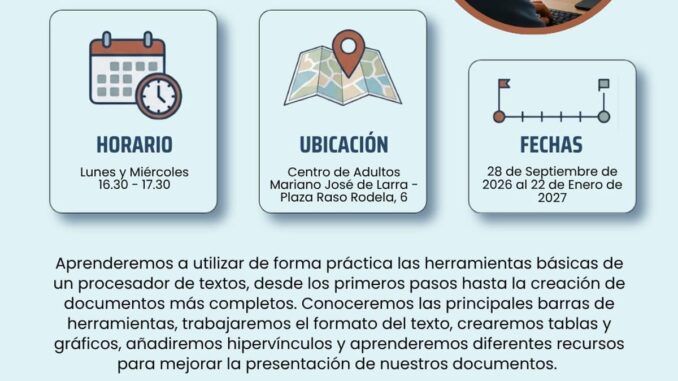 Curso de Word en Pinto: inscripciones desde el 14 de septiembre Cartel informativo del curso de Word del Ayuntamiento de Pinto con datos de horario, ubicación y fechas de inscripción