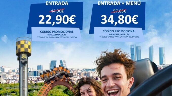 Ofrece descuentos en el Parque de Atracciones para septiembre en Colmenar Viejo Cartel promocional de descuentos en Parque de Atracciones para vecinos de Colmenar Viejo, 12 y 13 de septiembre