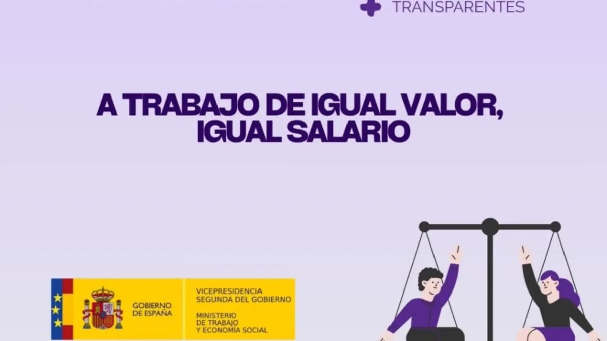 Cartel del Día Internacional de la Igualdad Salarial del 18 de septiembre con mensajes sobre condiciones laborales justas, igualitarias y transparentes, del Ministerio de Trabajo y Economía Social del Gobierno de España