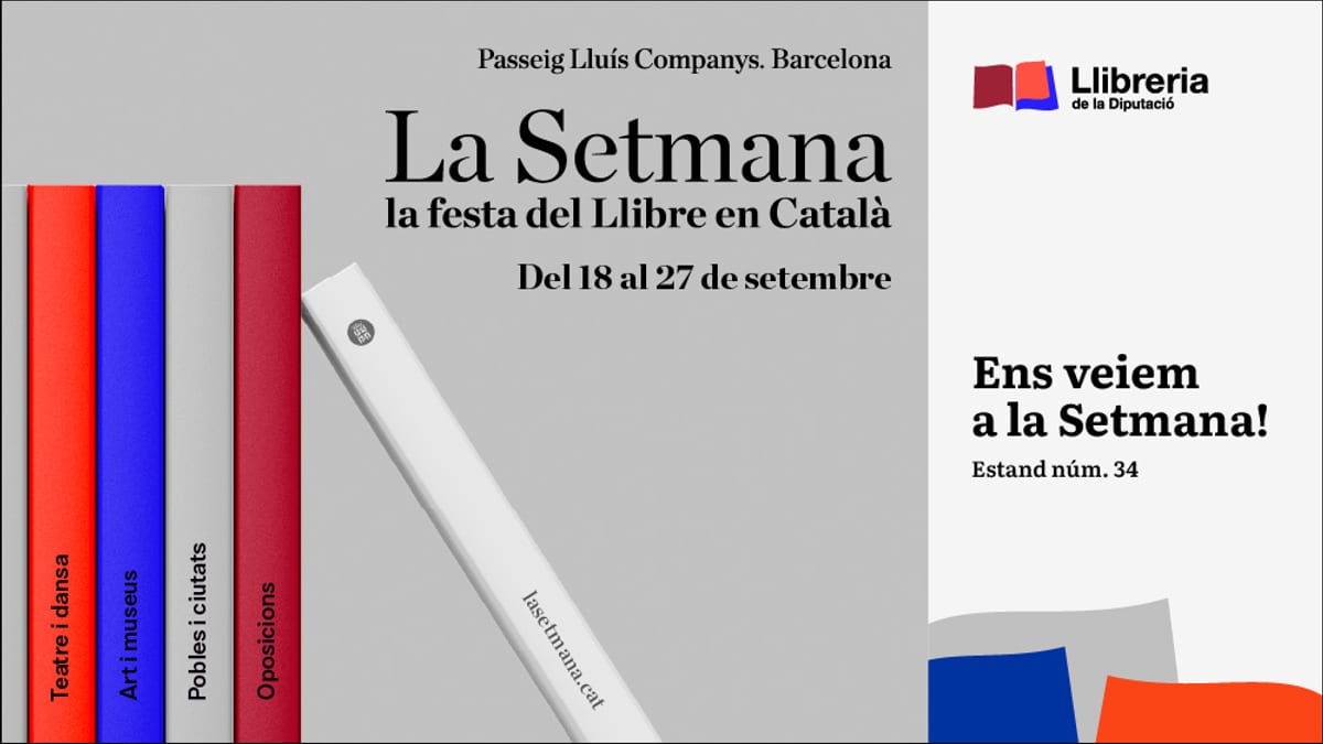 Cartel promocional de la Setmana del Llibre en Català 2026 con información del estand de la Diputació de Barcelona